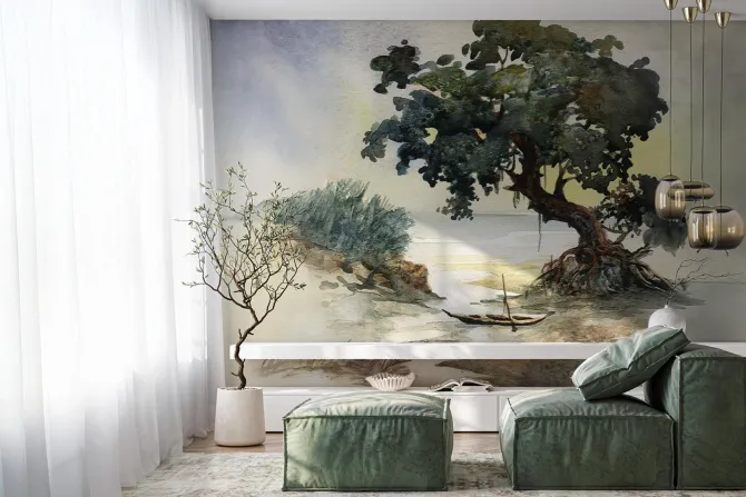 Fototapeta: Akwarelowy wzór z drzewem na tle morza