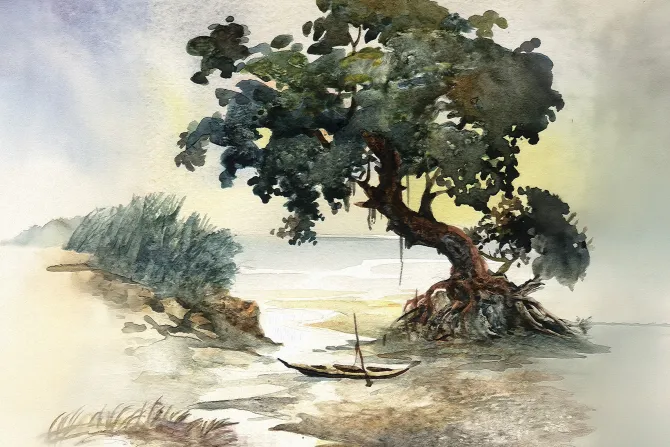 Fototapeta: Akwarelowy wzór z drzewem na tle morza