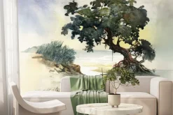 Fototapeta: Akwarelowy wzór z drzewem na tle morza