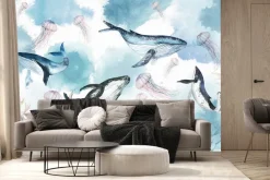 Fototapeta: Akwarelowy wzór dla dzieci z wielorybami meduzami i rafą koralową