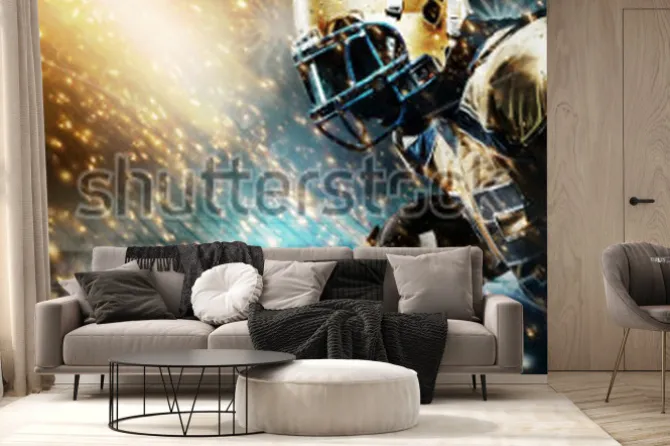 Fototapeta: American football sportsman player on stadium running in action.