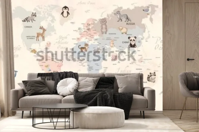 Fototapeta: Animals world map for kids wallpaper design