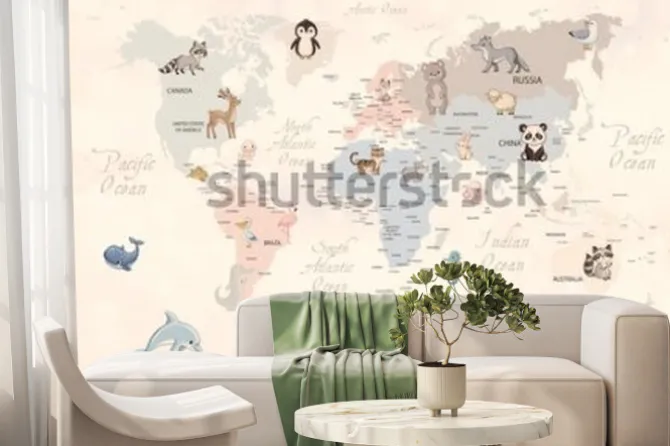 Fototapeta: Animals world map for kids wallpaper design