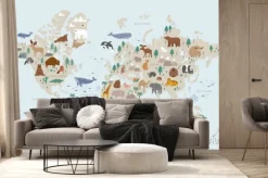 Fototapeta: Animals world map for kids. poster with cute vector animals in
