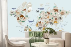 Fototapeta: Animals world map for kids. poster with cute vector animals in