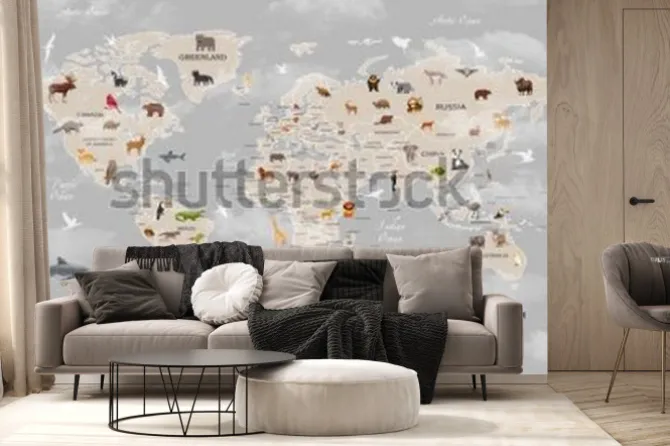 Fototapeta: Animals world map for kids wallpaper design