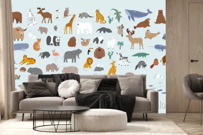 Fototapeta: Animals world for kids. poster with cute vector animals in flat