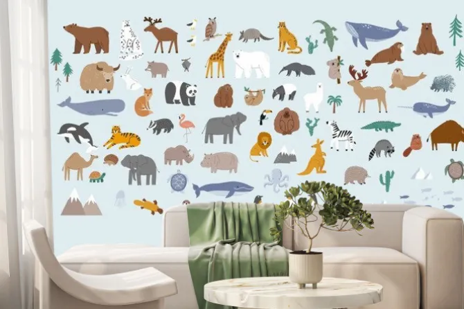 Fototapeta: Animals world for kids. poster with cute vector animals in flat