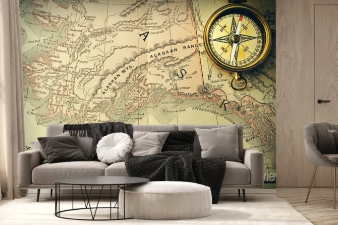 Fototapeta: Antique kompas na starej xix wieku mapie