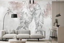 Fototapeta: Artystyczna kobieta anioł z akwarelowymi kwiatami i teksturą