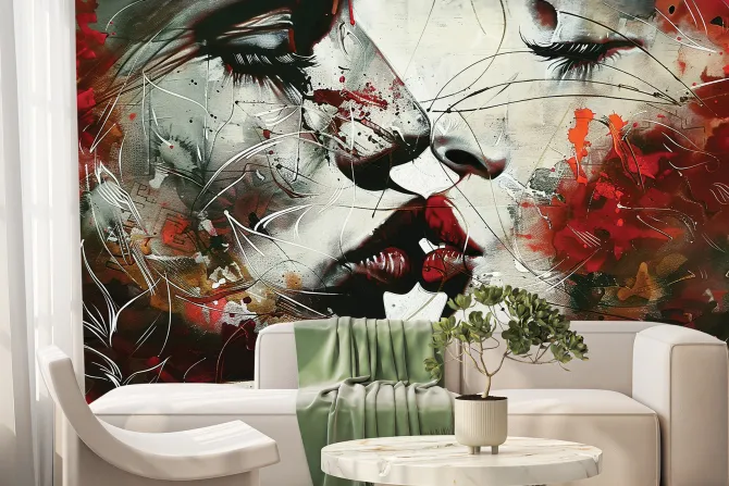 Fototapeta: Artystyczny mural pocałunku kobiet w czerwieni