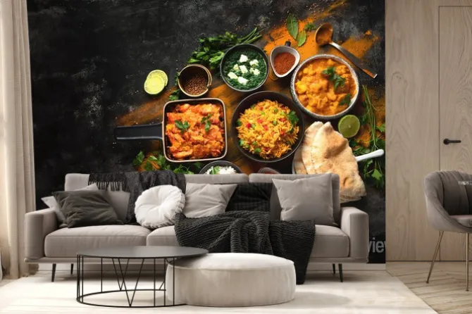 Fototapeta: Assorted indian food on black background..