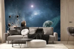 Fototapeta: Asteroidy i planeta z pierścieniem w kosmosie