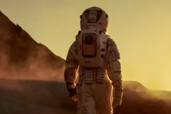 Fototapeta: Astronauta na marsie o zachodzie słońca