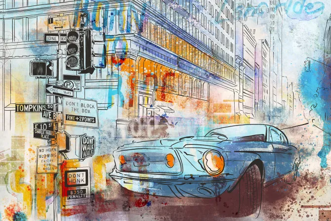 Fototapeta: Auto w mieście malowane akwarelą ilustracja młodzieżowa