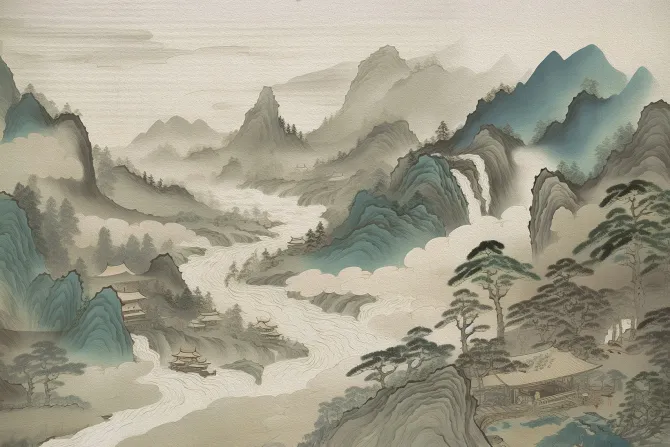 Fototapeta: Azjatycki pejzaż gór malowany ręcznie