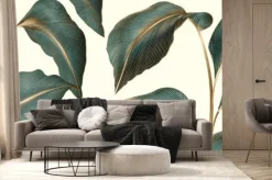 Fototapeta: Background with tropical leaves of dark green color with golden