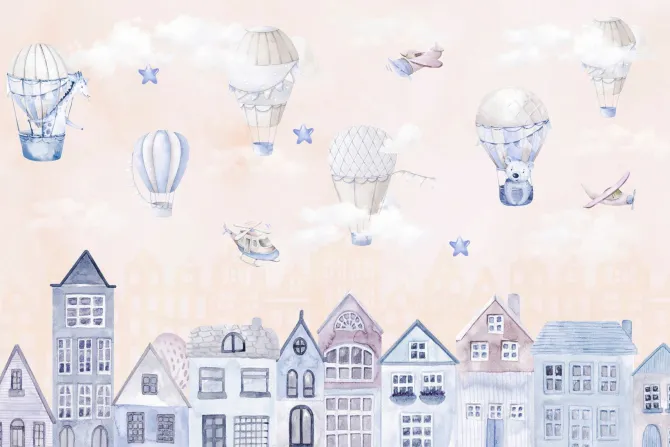 Fototapeta: Bajeczne akwarelowe miasto w chmurach