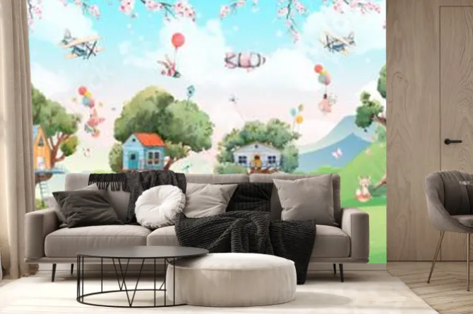 Fototapeta: Bajkowa kraina ze zwierzątkami i domkami na drzewach