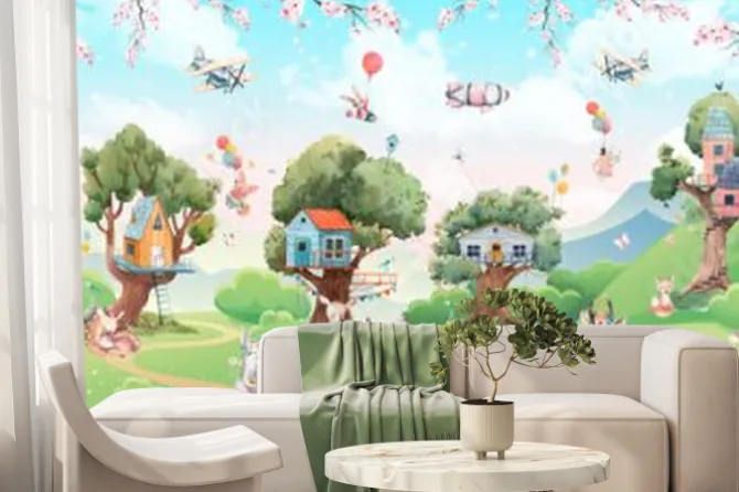 Fototapeta: Bajkowa kraina ze zwierzątkami i domkami na drzewach