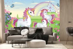 Fototapeta: Bajkowe jednorożce wśród kwiatów z zamkiem i tęczą