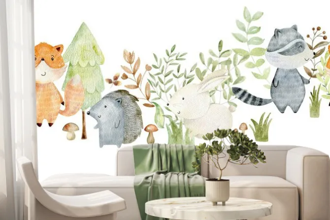 Fototapeta: Bajkowe leśne zwierzęta i rośliny na białym tle