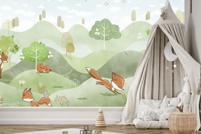 Fototapeta: Bajkowe lisy biegające po wzgórzach