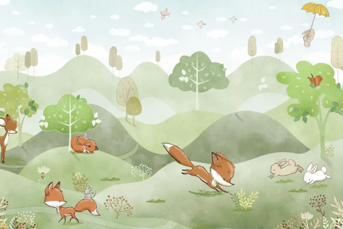 Fototapeta: Bajkowe lisy biegające po wzgórzach