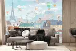 Fototapeta: Bajkowe miasteczko z wieżą eiffla i balonami