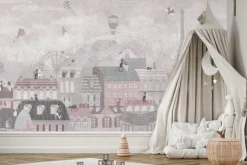 Fototapeta: Bajkowe miasteczko z kotkami balonami i latawcami na niebie