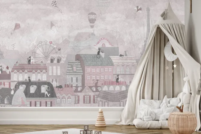 Fototapeta: Bajkowe miasteczko z kotkami balonami i latawcami na niebie