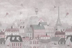 Fototapeta: Bajkowe miasteczko z kotkami balonami i latawcami na niebie