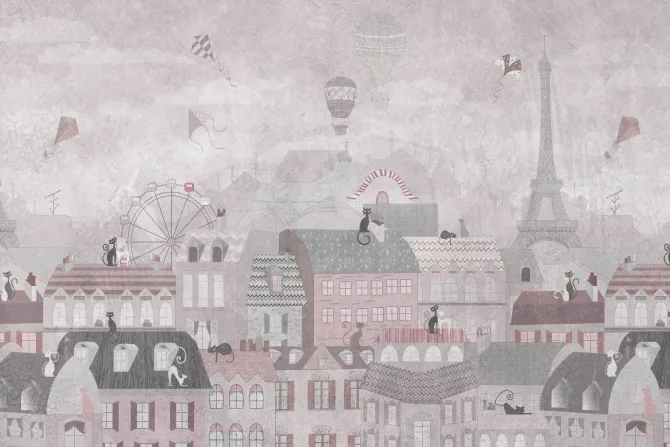 Fototapeta: Bajkowe miasteczko z kotkami balonami i latawcami na niebie