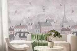 Fototapeta: Bajkowe miasteczko z kotkami balonami i latawcami na niebie