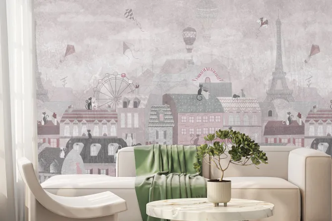 Fototapeta: Bajkowe miasteczko z kotkami balonami i latawcami na niebie