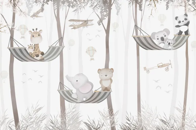 Fototapeta: Bajkowe zwierzęta na hamakach w dżungli