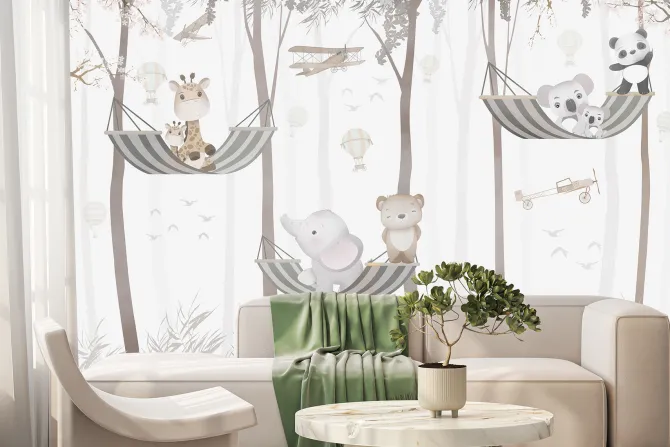 Fototapeta: Bajkowe zwierzęta na hamakach w dżungli