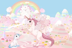 Fototapeta: Bajkowy jednorożec na tle zamku i tęczy