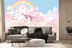 Fototapeta: Bajkowy jednorożec na tle zamku i tęczy
