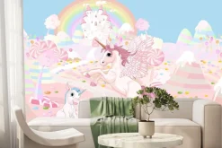 Fototapeta: Bajkowy jednorożec na tle zamku i tęczy