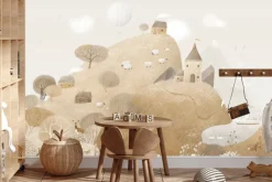 Fototapeta: Bajkowy krajobraz zwierzątka na polanie i domek na wzgórzu dziecięcy