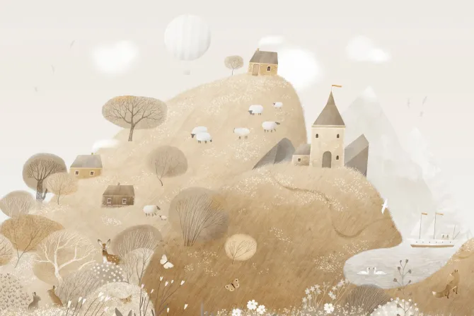 Fototapeta: Bajkowy krajobraz zwierzątka na polanie i domek na wzgórzu dziecięcy