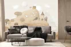 Fototapeta: Bajkowy krajobraz zwierzątka na polanie i domek na wzgórzu dziecięcy