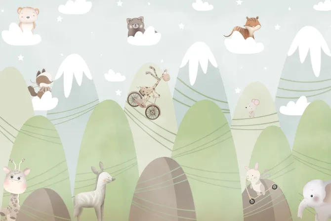 Fototapeta: Bajkowy krajobraz zwierzątka na chmurkach i góry