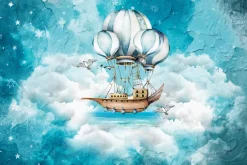 Fototapeta: Bajkowy statek z balonami w chmurach
