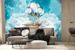 Fototapeta: Bajkowy statek z balonami w chmurach