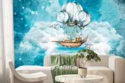 Fototapeta: Bajkowy statek z balonami w chmurach