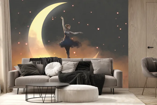 Fototapeta: Baletnica stojąca na księżycu wśród chmur