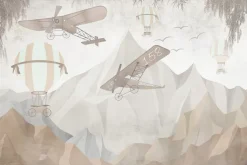 Fototapeta: Balony i samoloty wśród gór w odcieniach beżu i szarości