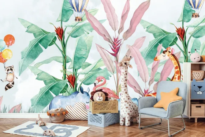 Fototapeta: Balony i zwierzątka z dżungli w akwarelowym stylu